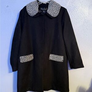 Vintage Colleen Lopez Black Pea Coat with Embellished Collar and Pockets